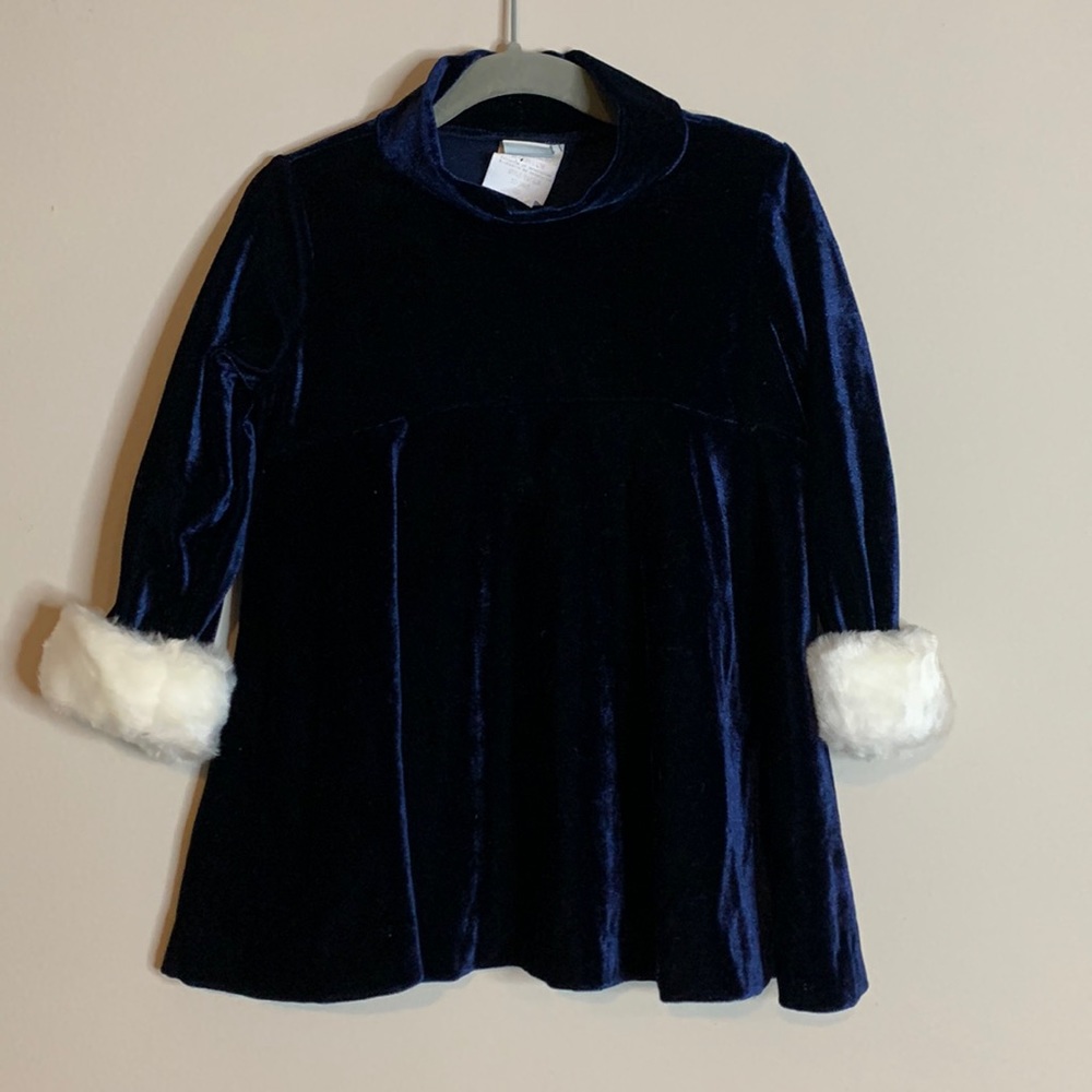 Kids navy blue velvet holiday dress with white fur cuffed sleeves
